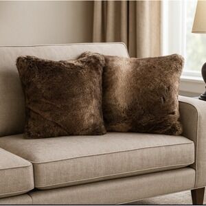 2- Hooker Furniture Faux Fur Throw Pillow‎ Covers 18x20 AND Duck Feather Inserts